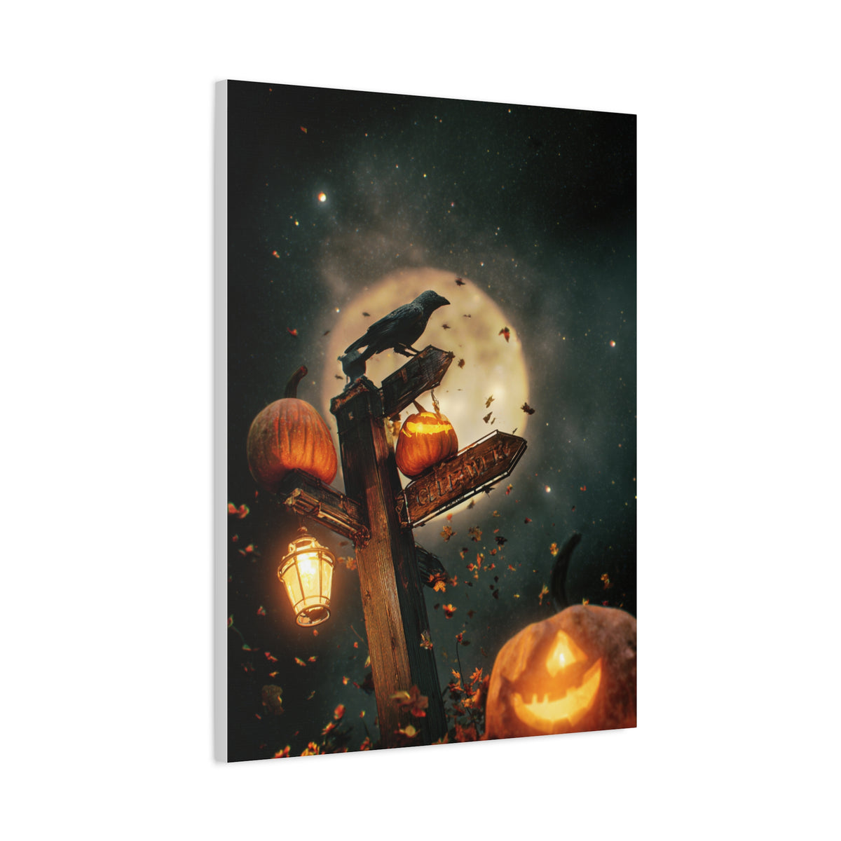 Crow on Pumpkin Signpost Under the Full Moon Wall Art & Canvas Print