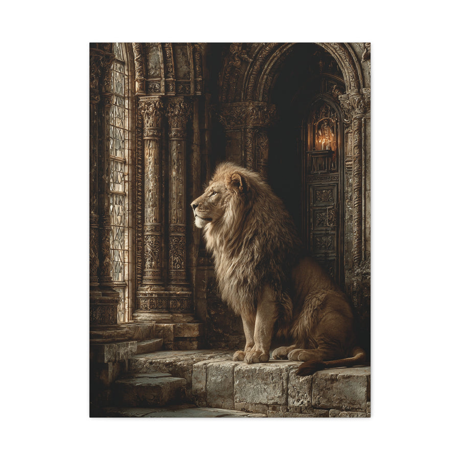 Lion in Ancient Stone Hall Royal Guardian Wall Art & Canvas Print