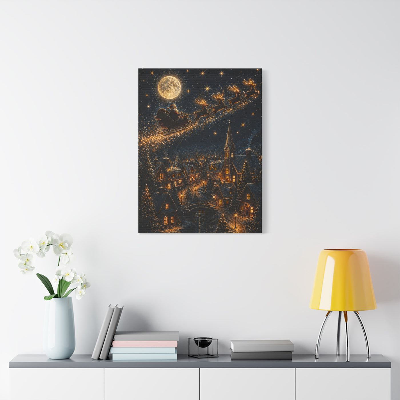 Moonlit Santa Sleigh Over Winter Village Wall Art & Canvas Print