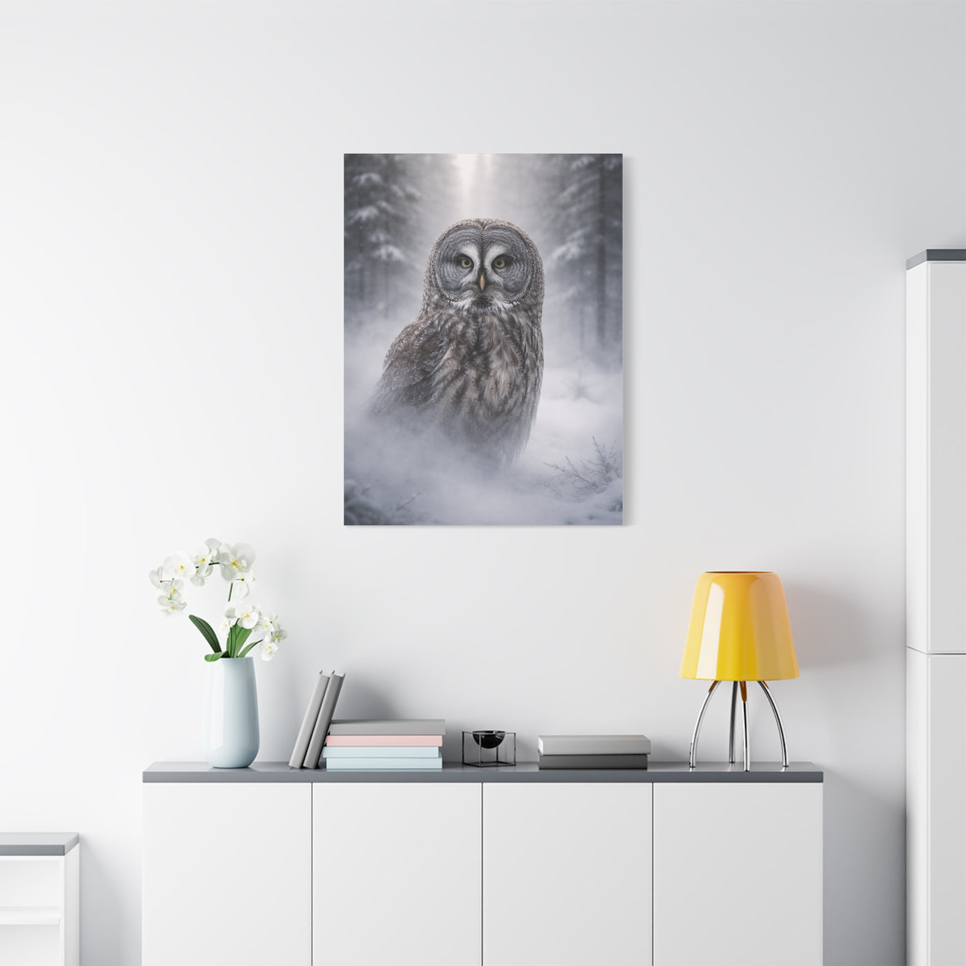 Great Grey Owl Winter Mist Portrait Wall Art & Canvas Print