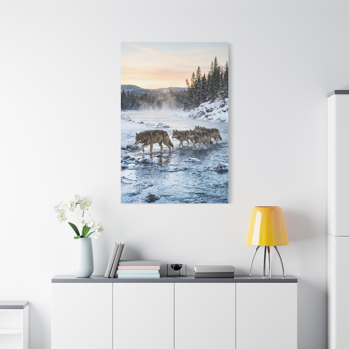 Winter River Wolf Pack Crossing Scene Wall Art & Canvas Print