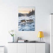 Winter River Wolf Pack Crossing Scene Wall Art & Canvas Print