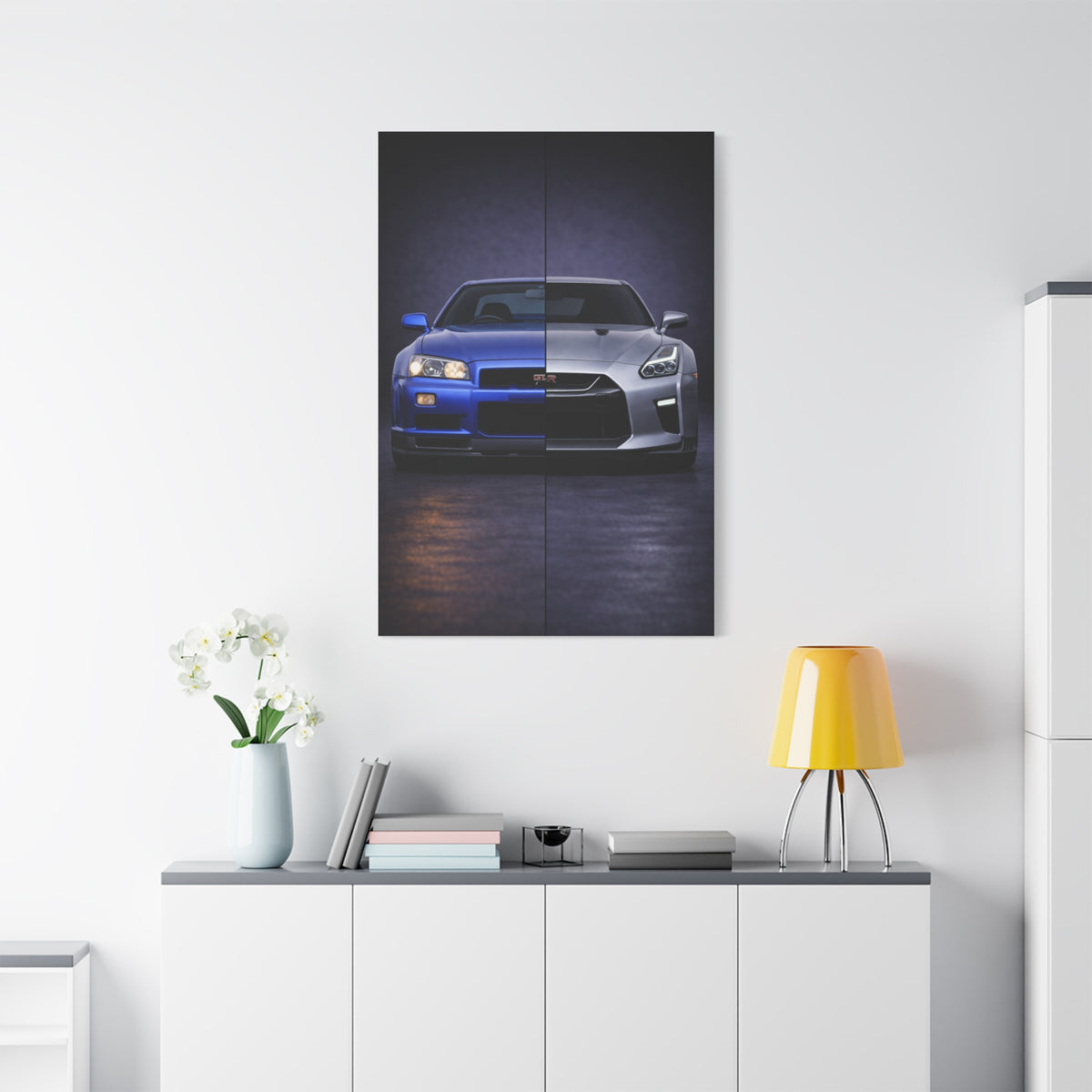 Nissan GT R Split R34 Skyline vs R35 Evolution Wall Art & Canvas Prints