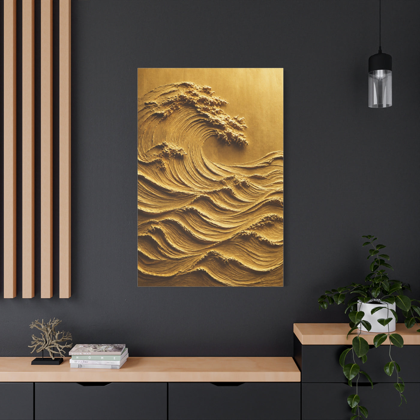 Golden Sculptural Wave Relief Wall Art & Canvas Print