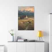 Rustic Mountain Farm Bulls & Cows Painting Wall Art & Canvas Print