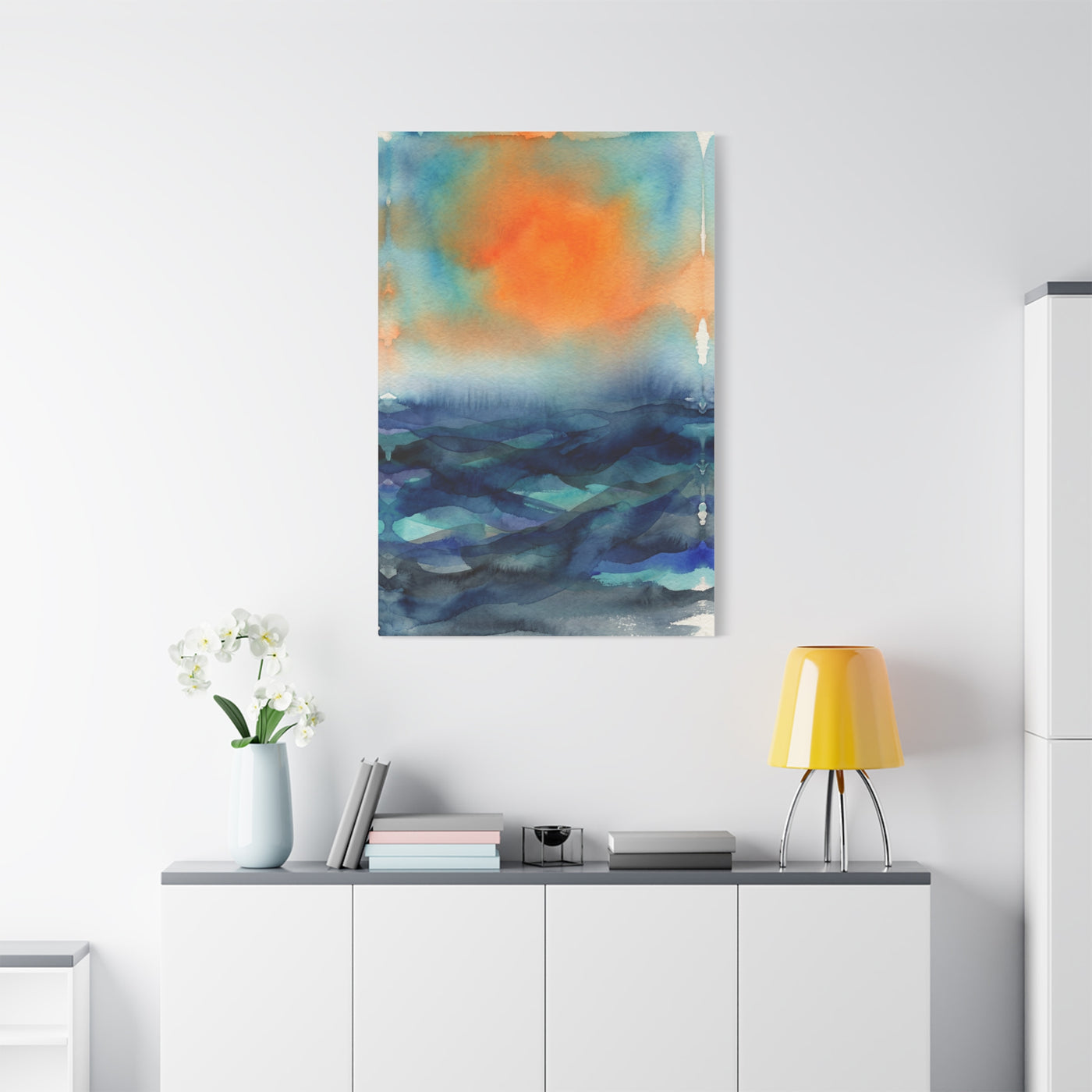 Abstract Orange Sky Over Watercolor Landscape Wall Art & Canvas Print