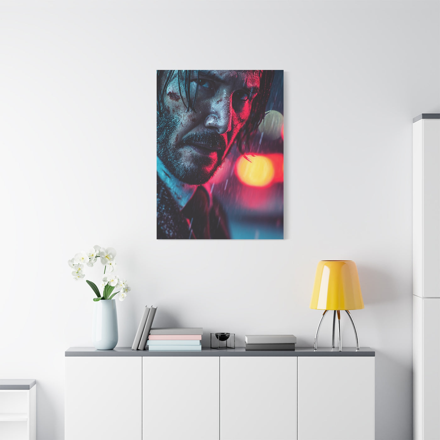 John Wick Neon Rain Close-Up Movie Poster Wall Art & Canvas Print
