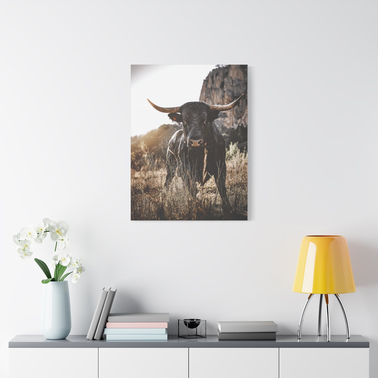 Mountain Cliff Bull Portrait Wall Art & Canvas Print