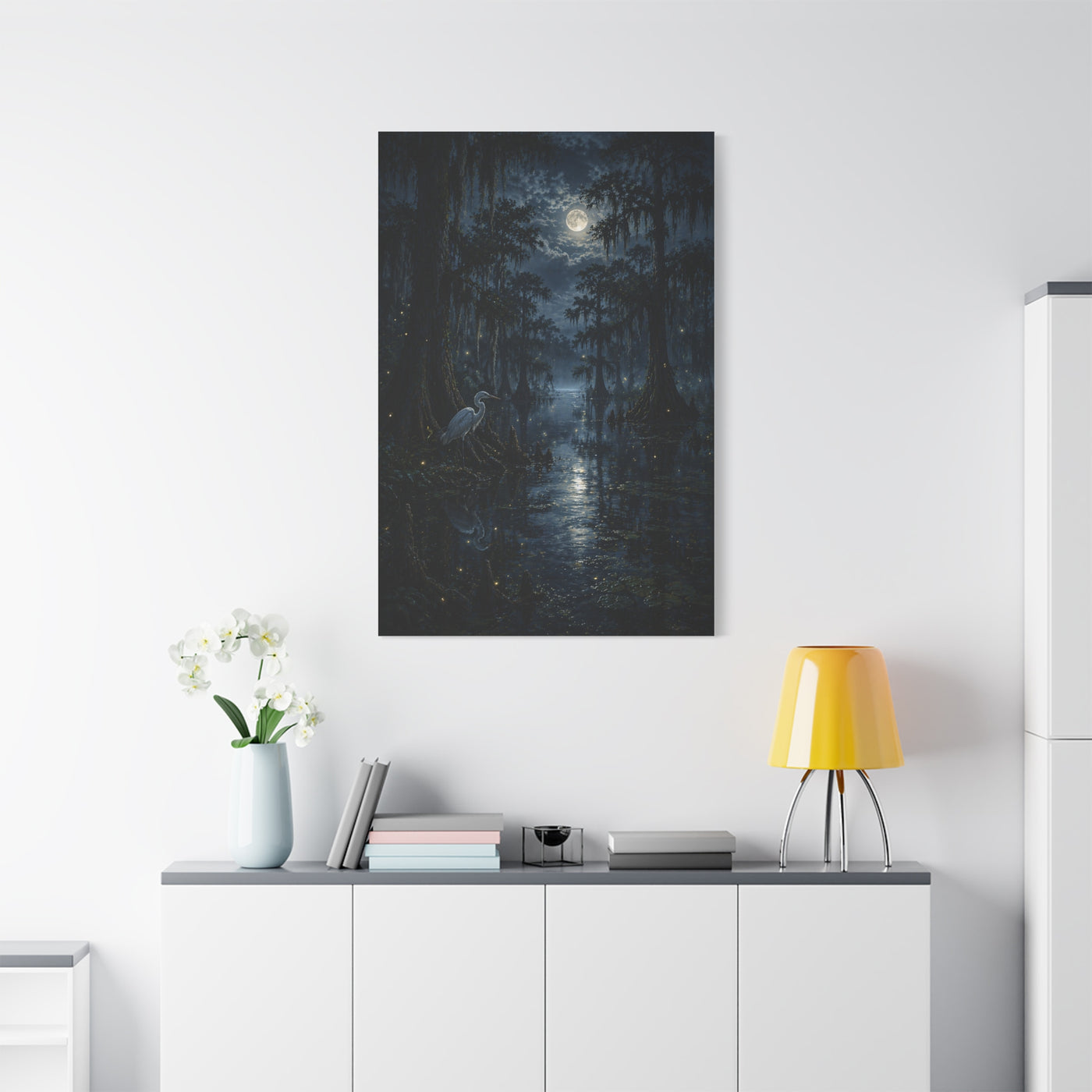 Moonlit Bayou Heron Scene Wall Art & Canvas Print
