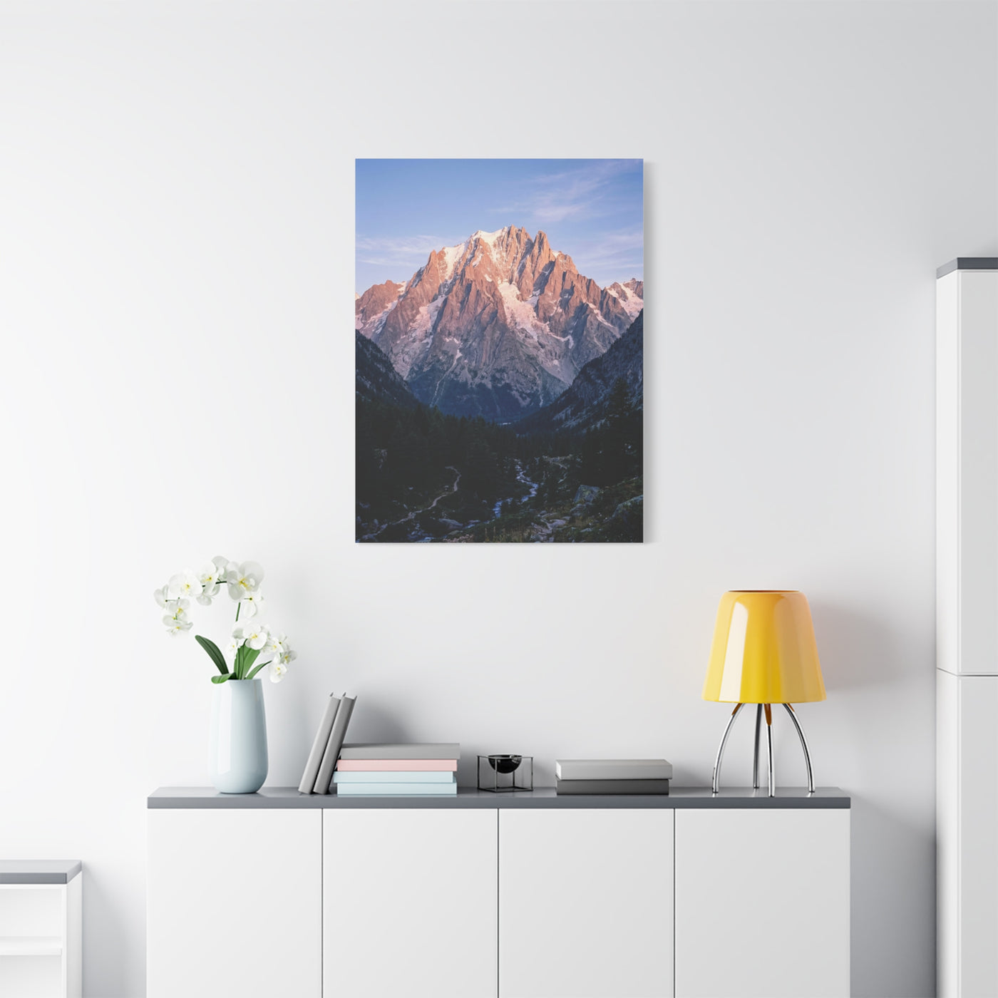 Sunlit Alpine Peak & Forest Valley Wall Art & Canvas Print