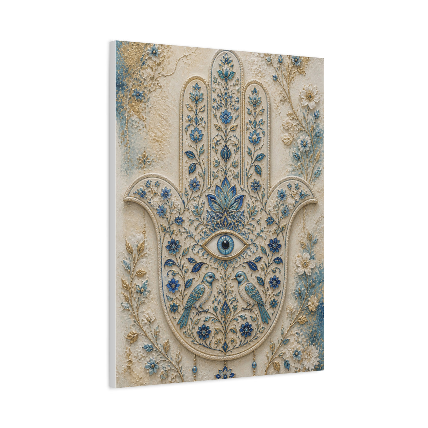 Blue Floral Hamsa Sacred Symbol Wall Art & Canvas Print