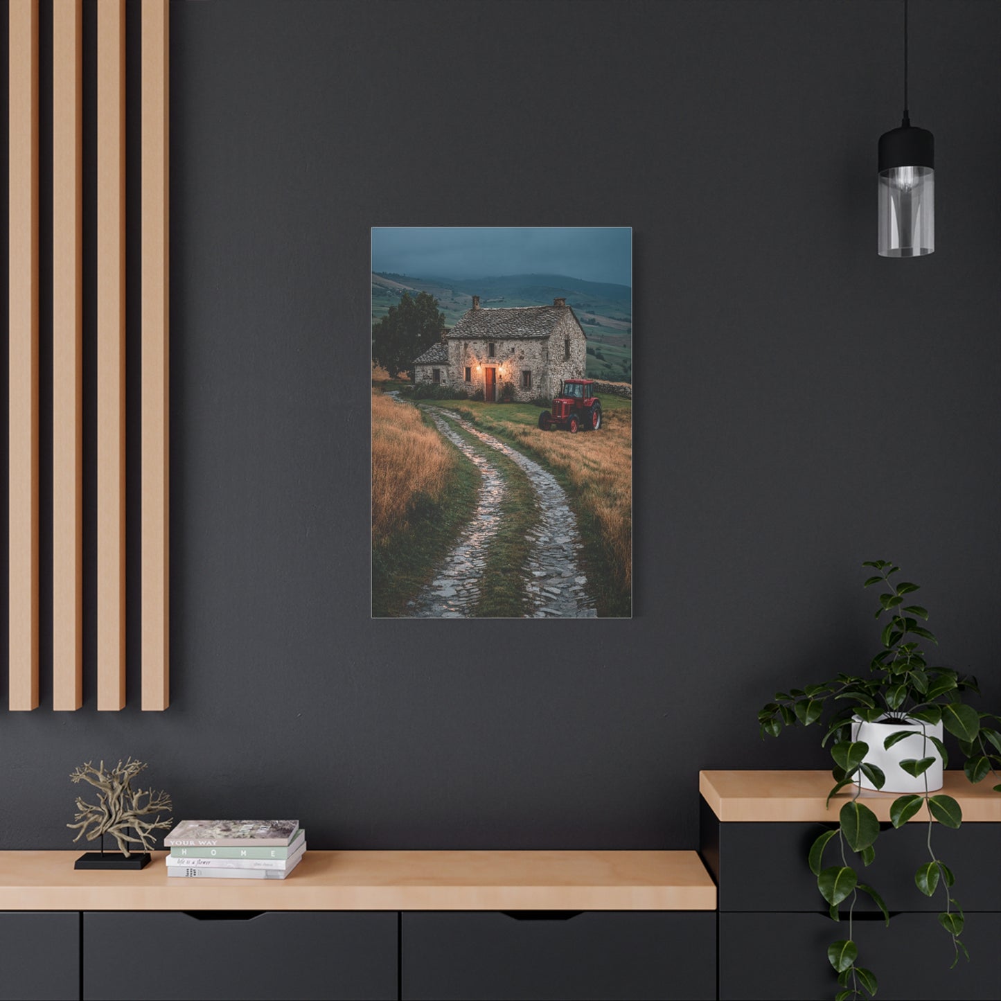 Stone Farmhouse with Red Tractor Landscape Wall Art & Canvas Print
