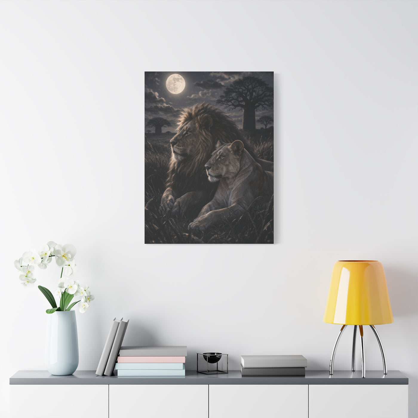 Lion and Lioness Under Moonlight Unity Wall Art & Canvas Print