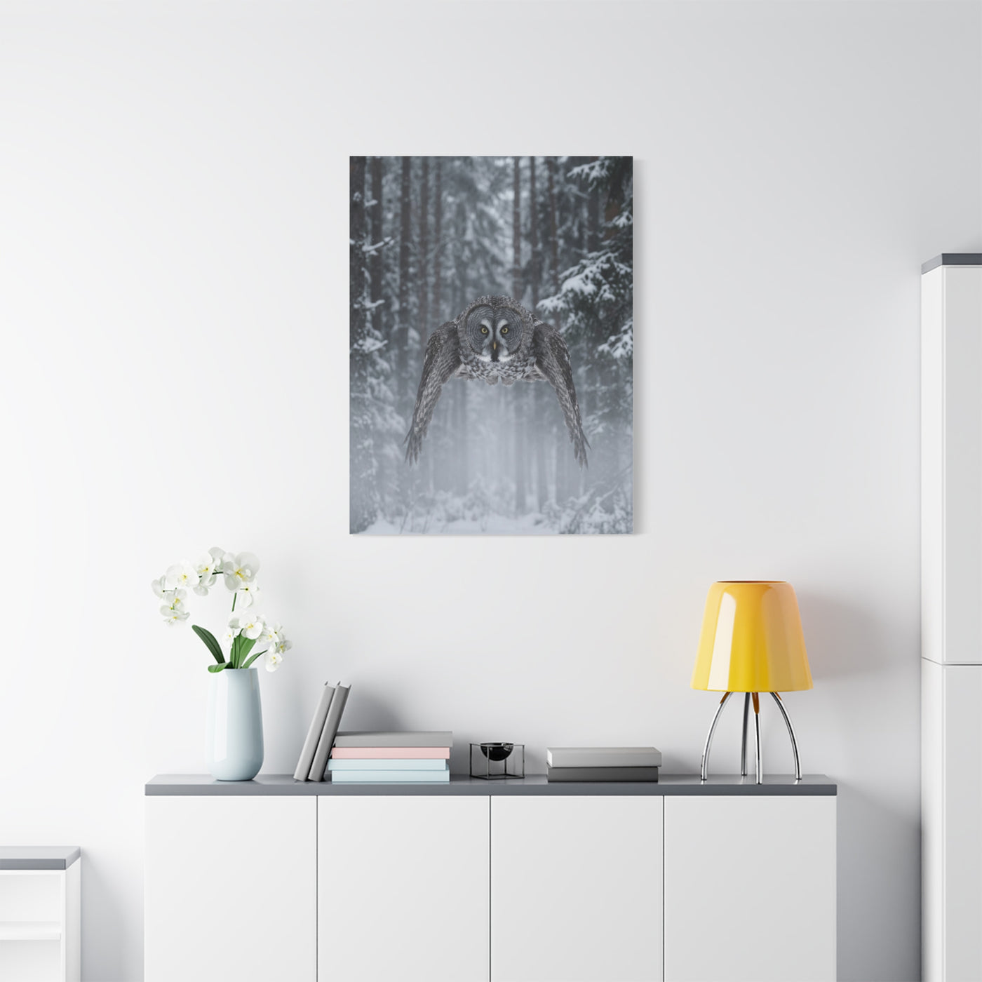 Great Grey Owl Winter Flight Wall Art & Canvas Print