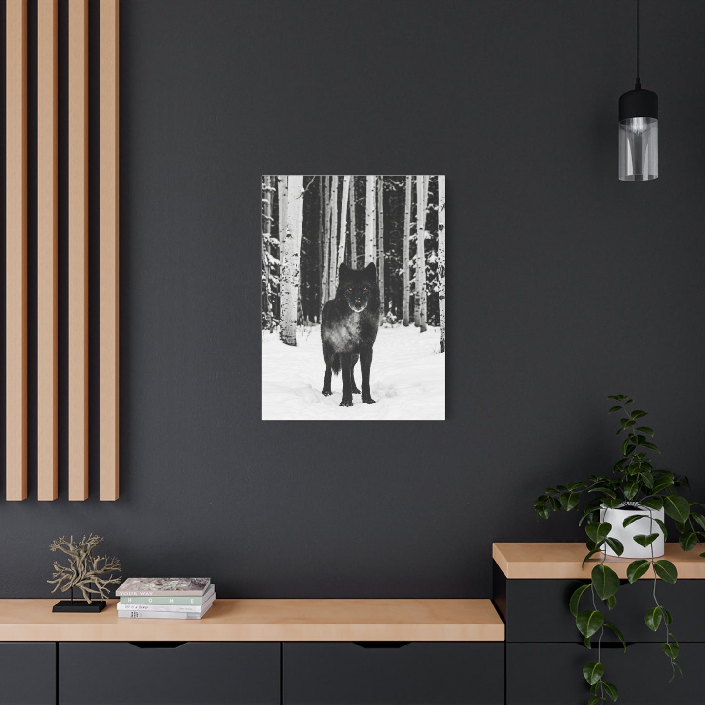 Snow Forest Black Wolf Minimal Scene Wall Art & Canvas Print