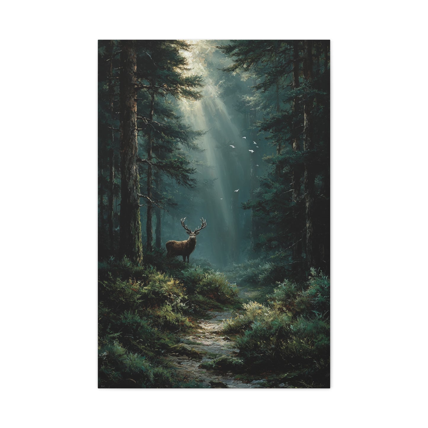 Sunlit Evergreen Forest Stag Wall Art & Canvas Print