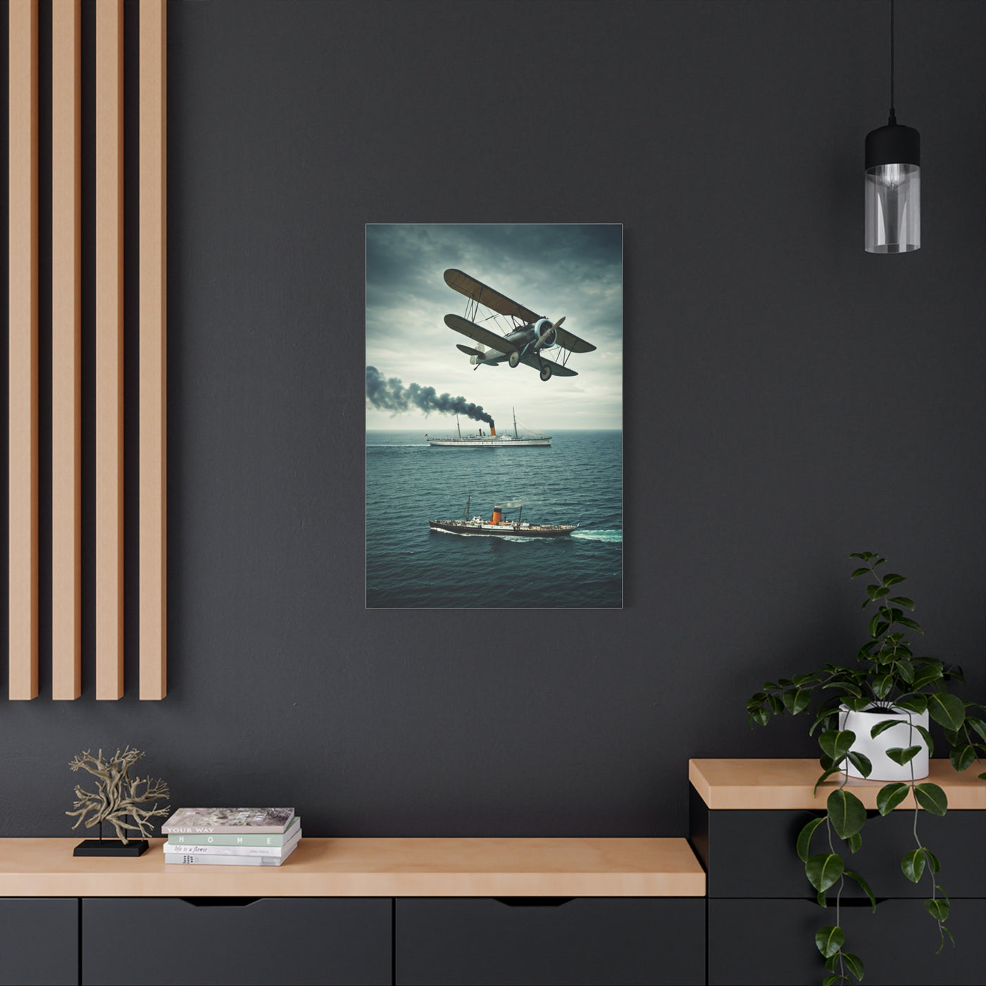 Vintage Biplane Over Open Sea Wall Art & Canvas Prints