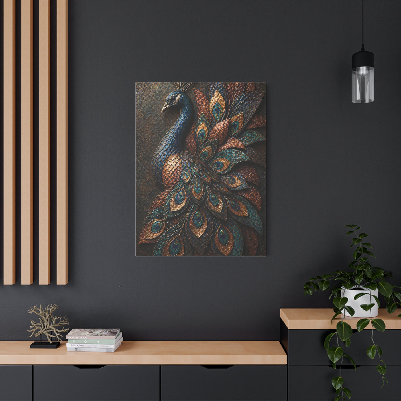 Sculptural Metal Peacock Relief Wall Art & Canvas Print