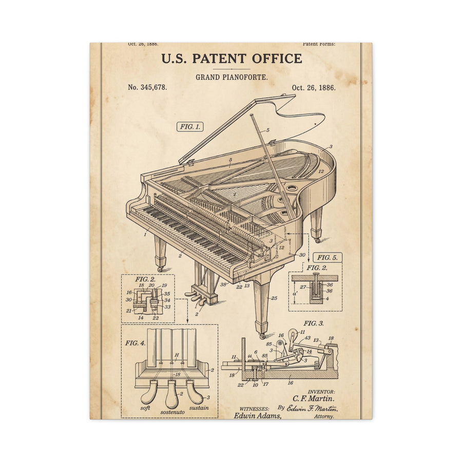 Vintage Grand Piano Patent Illustration Wall Art & Canvas Print