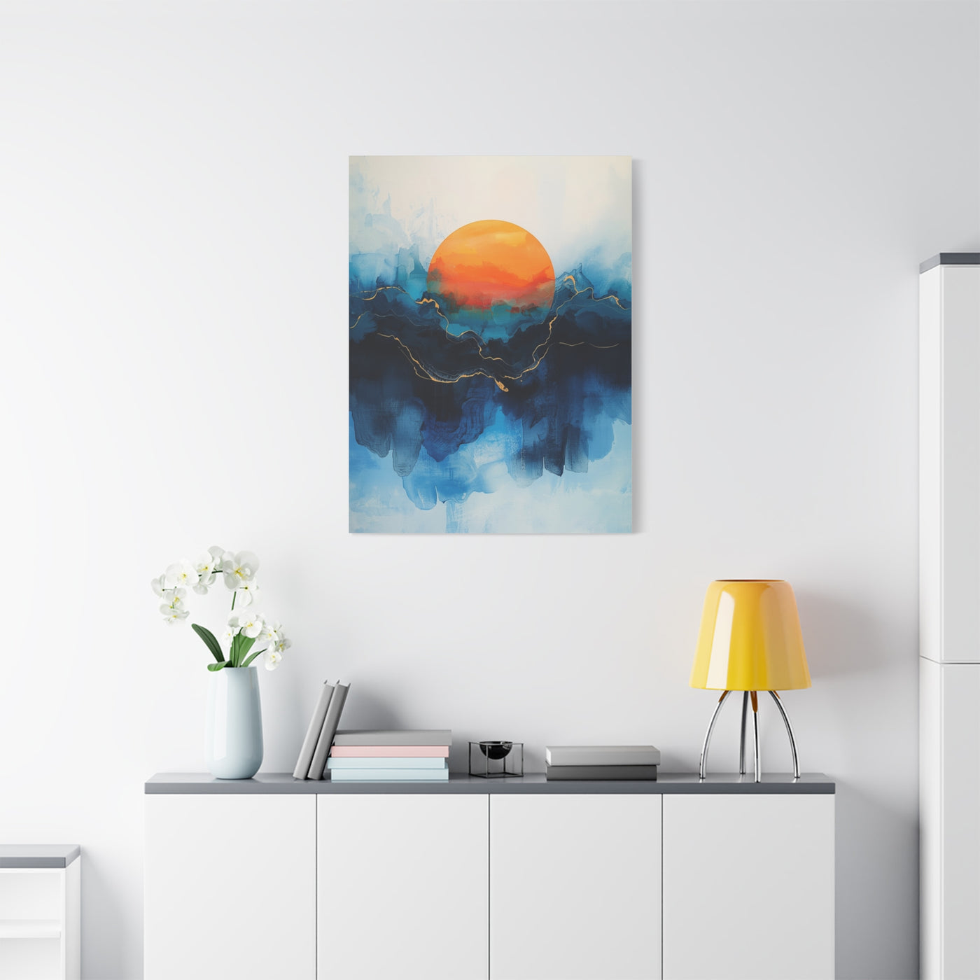 Orange Sun Over Indigo Waves Abstract Wall Art & Canvas Print