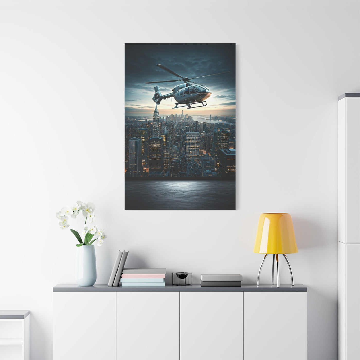 City Skyline Helicopter Patrol Wall Art & Canvas Prints