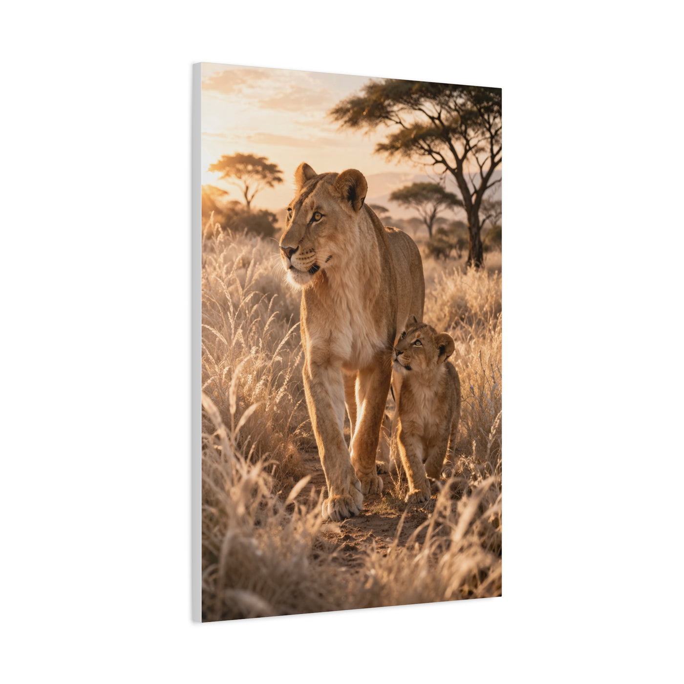 Lioness and Cub Golden Walk Wall Art & Canvas Print