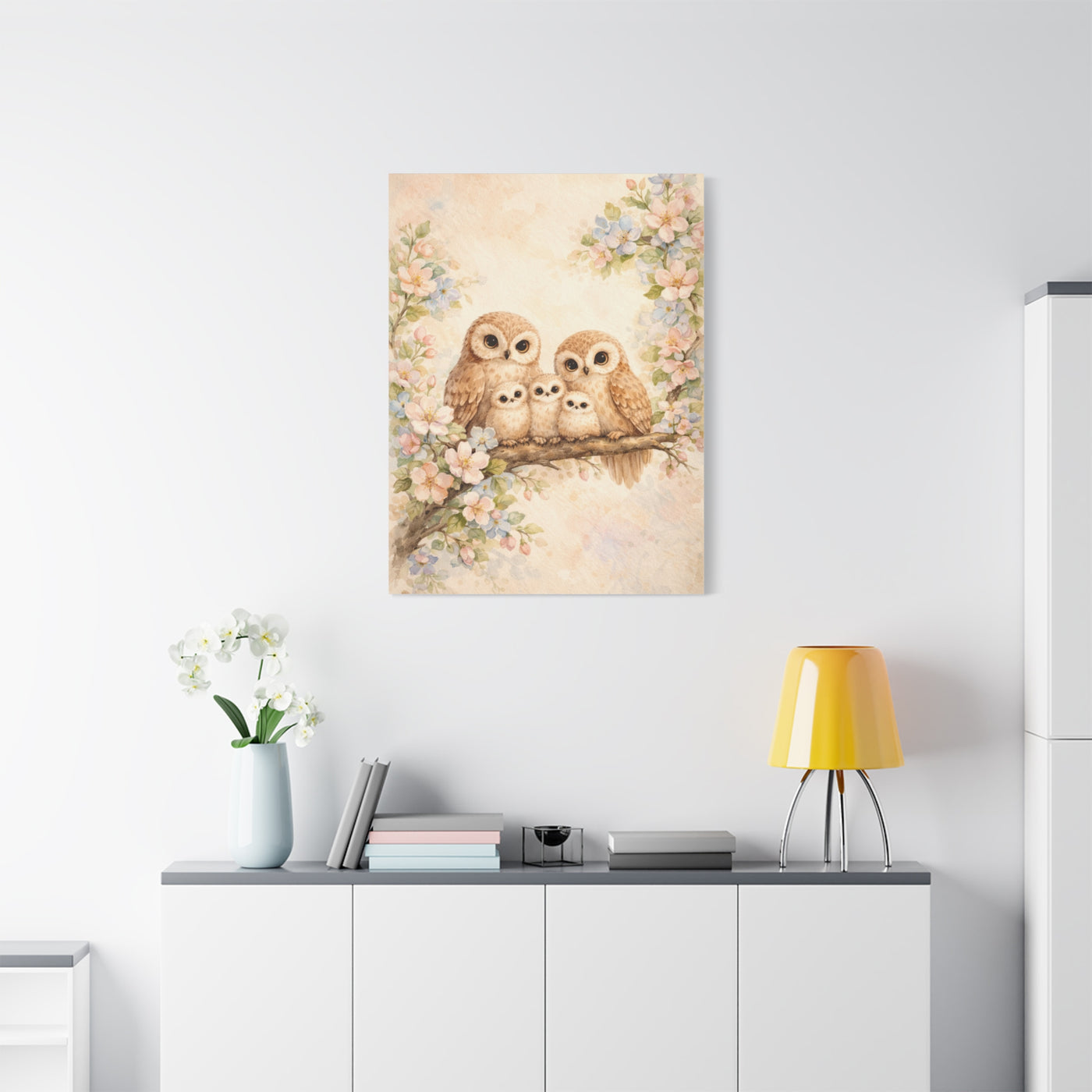 Whimsical Owl Family Blossom Scene Wall Art & Canvas Print