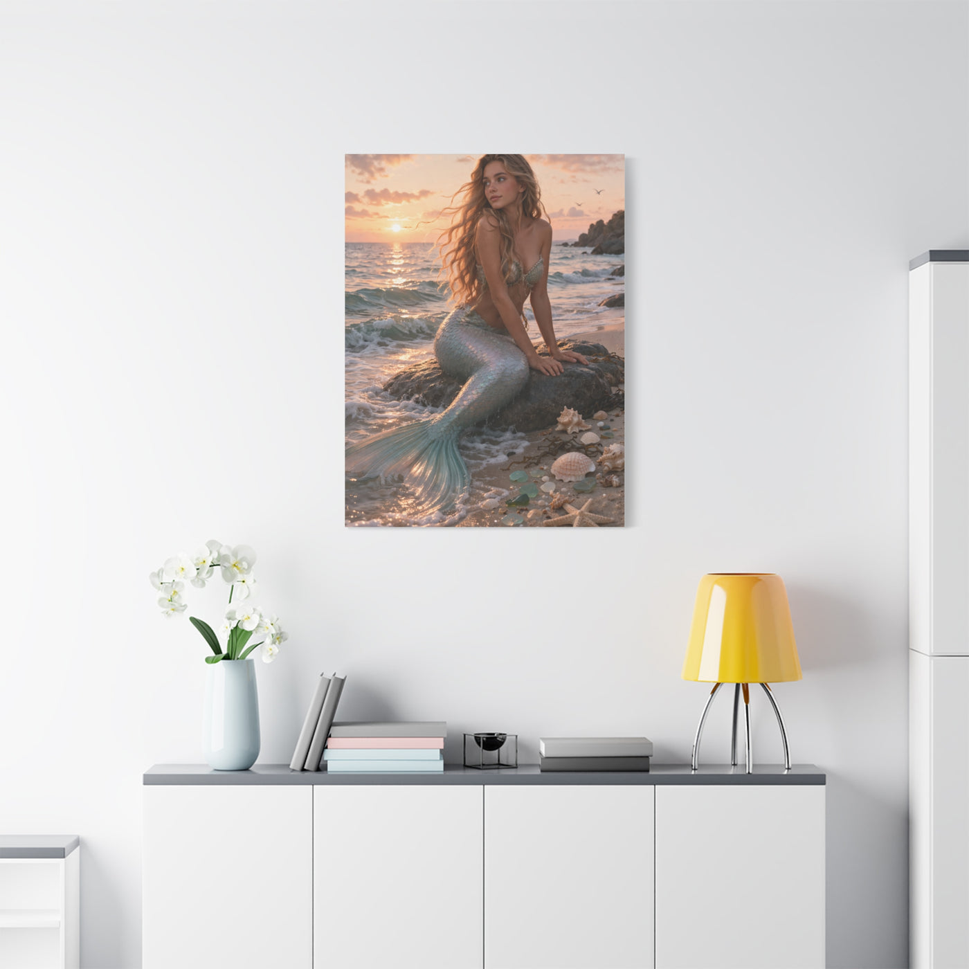 Golden Sunset Shore Mermaid Wall Art & Canvas Print