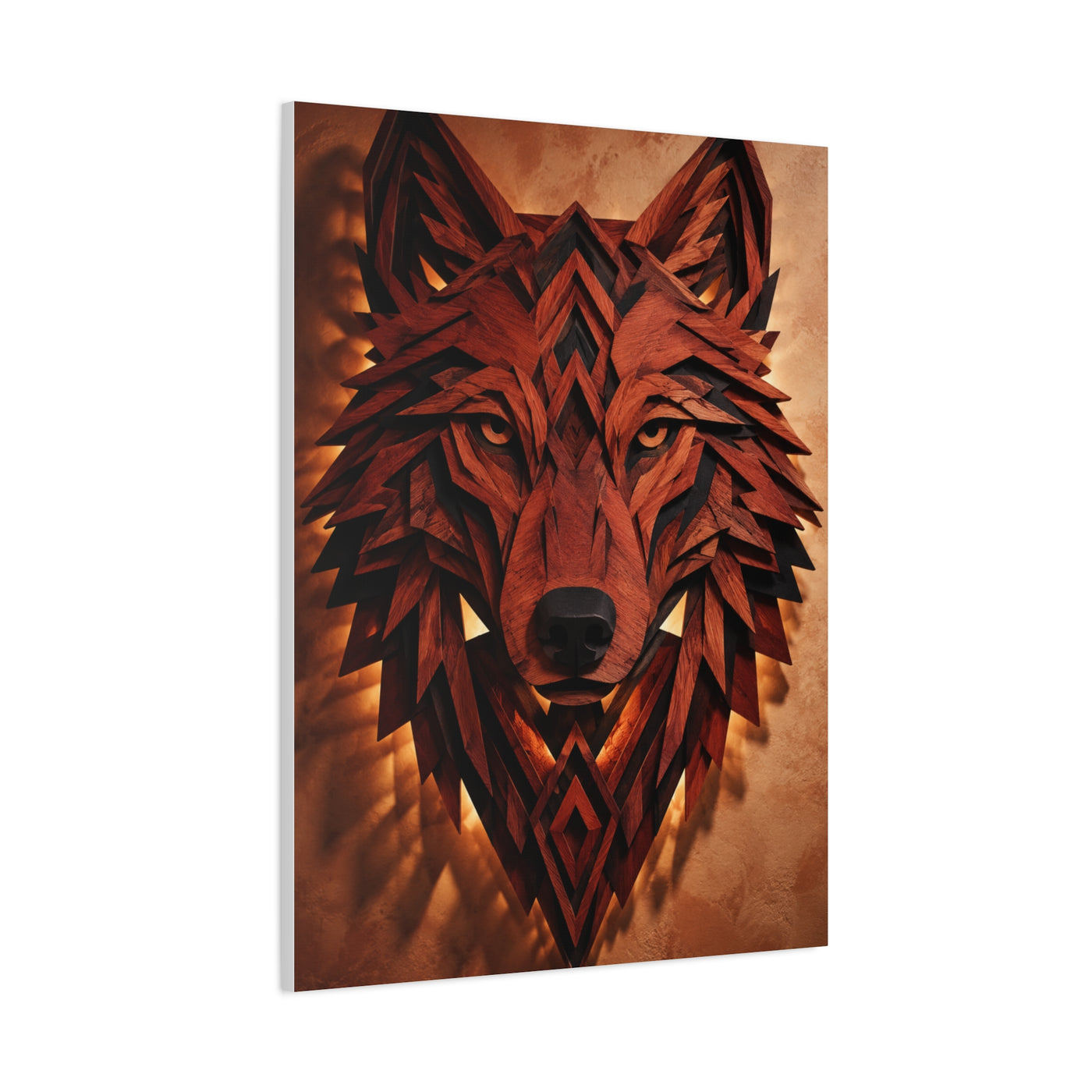 Geometric Carved Wood Wolf Head Sculpture Wall Art & Canvas Print