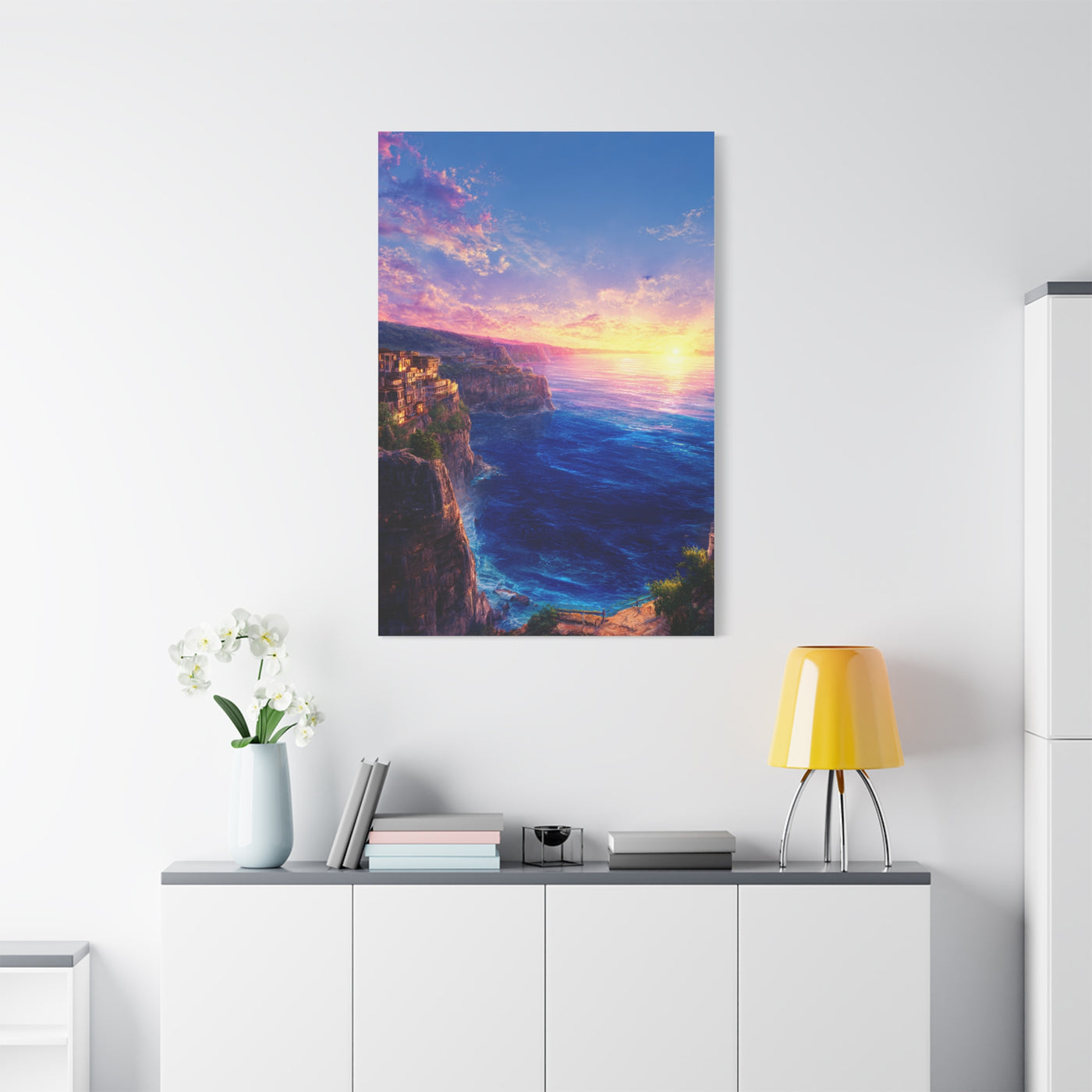 Coastal Village Cliffs at Golden Sunset Wall Art & Canvas Print