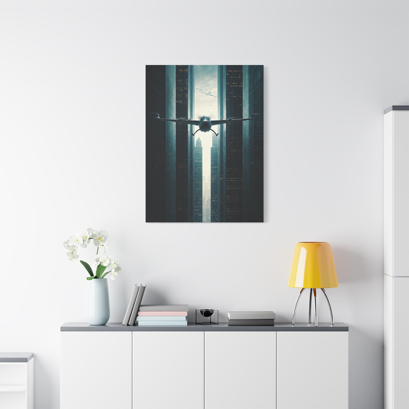 Electric Aircraft Between Skyscrapers Wall Art & Canvas Prints