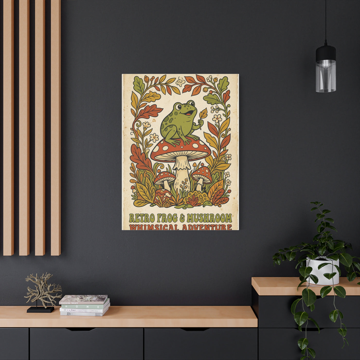 Whimsical Retro Frog and Mushroom Poster Wall Art & Canvas Print