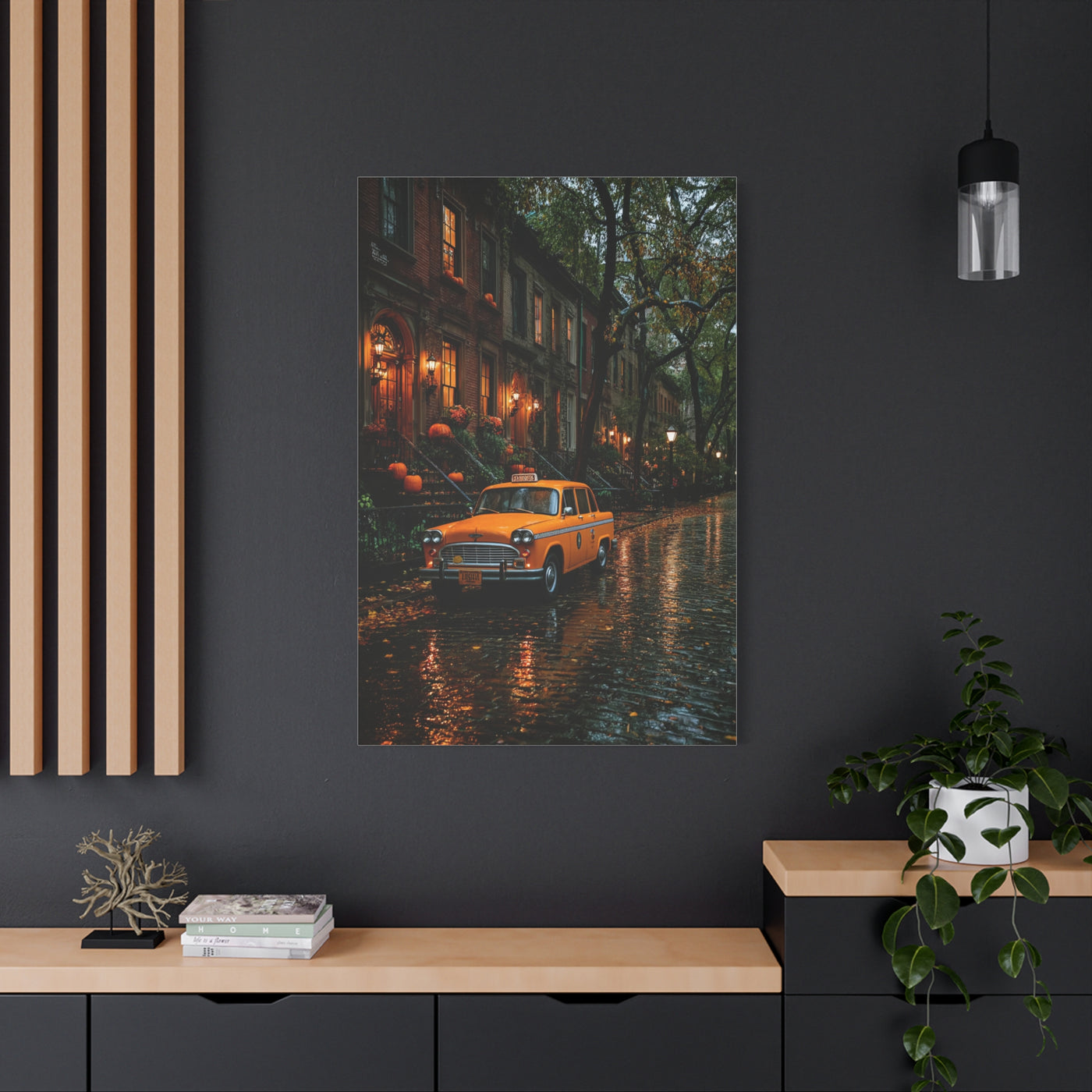 Rainy Autumn Brownstone Street Wall Art & Canvas Print
