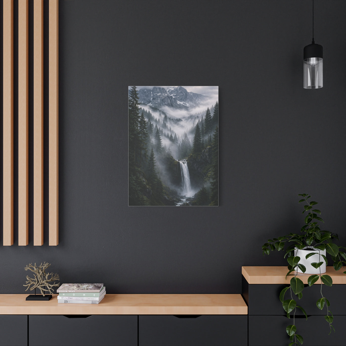 Fog-Filled Conifer Valley & Waterfall Wall Art & Canvas Print