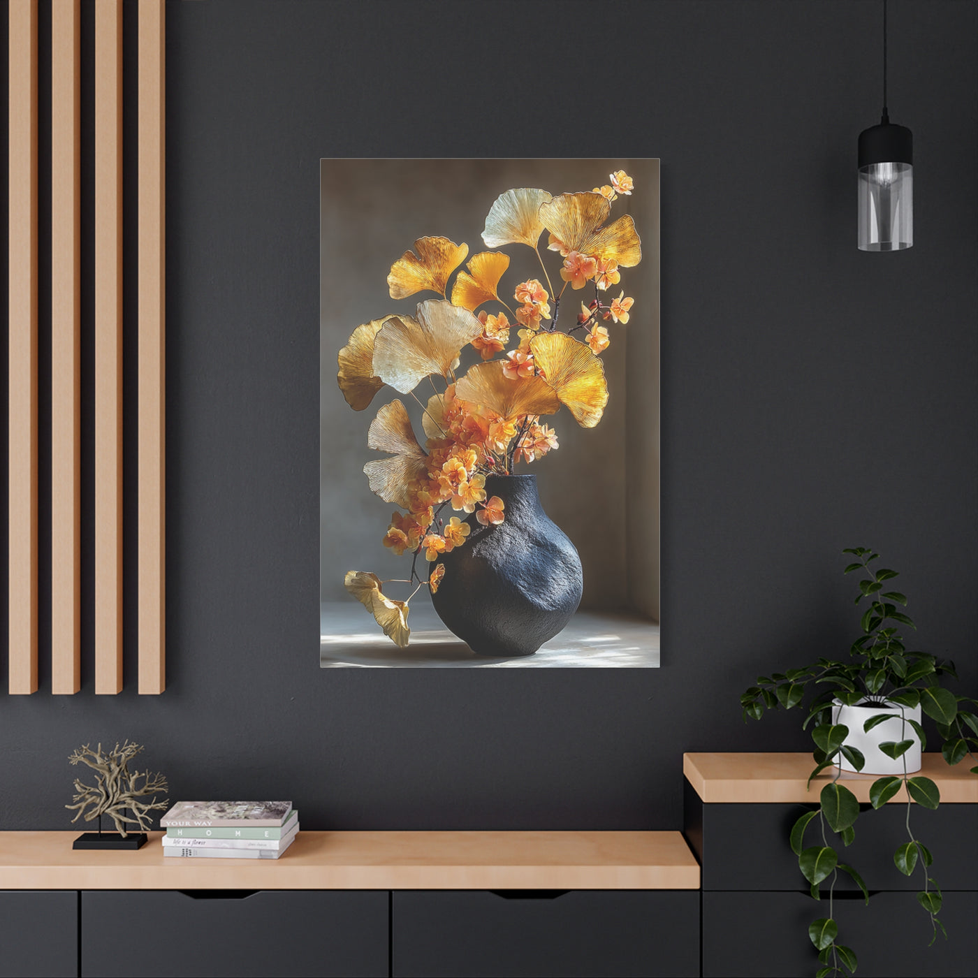 Gold Ginkgo Floral Vase Wall Art & Canvas Print