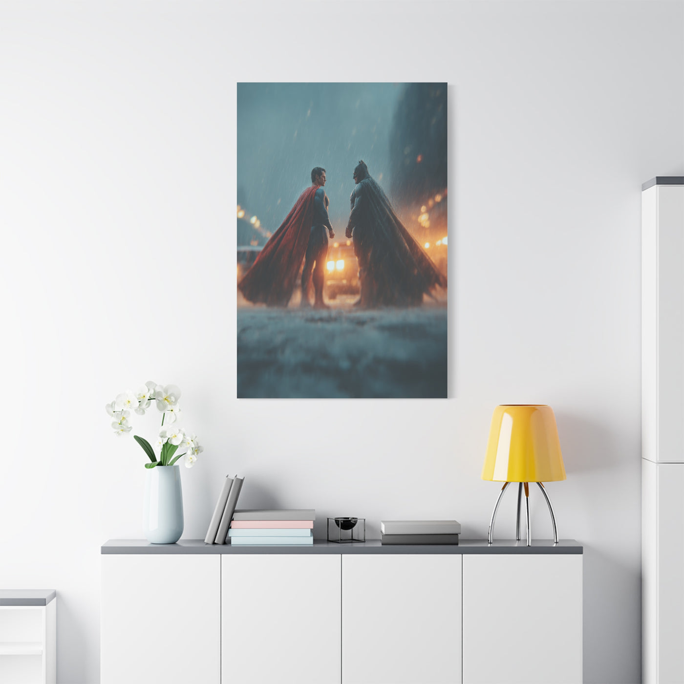 Batman vs Superman Rainy Gotham Clash Poster Wall Art & Canvas Print