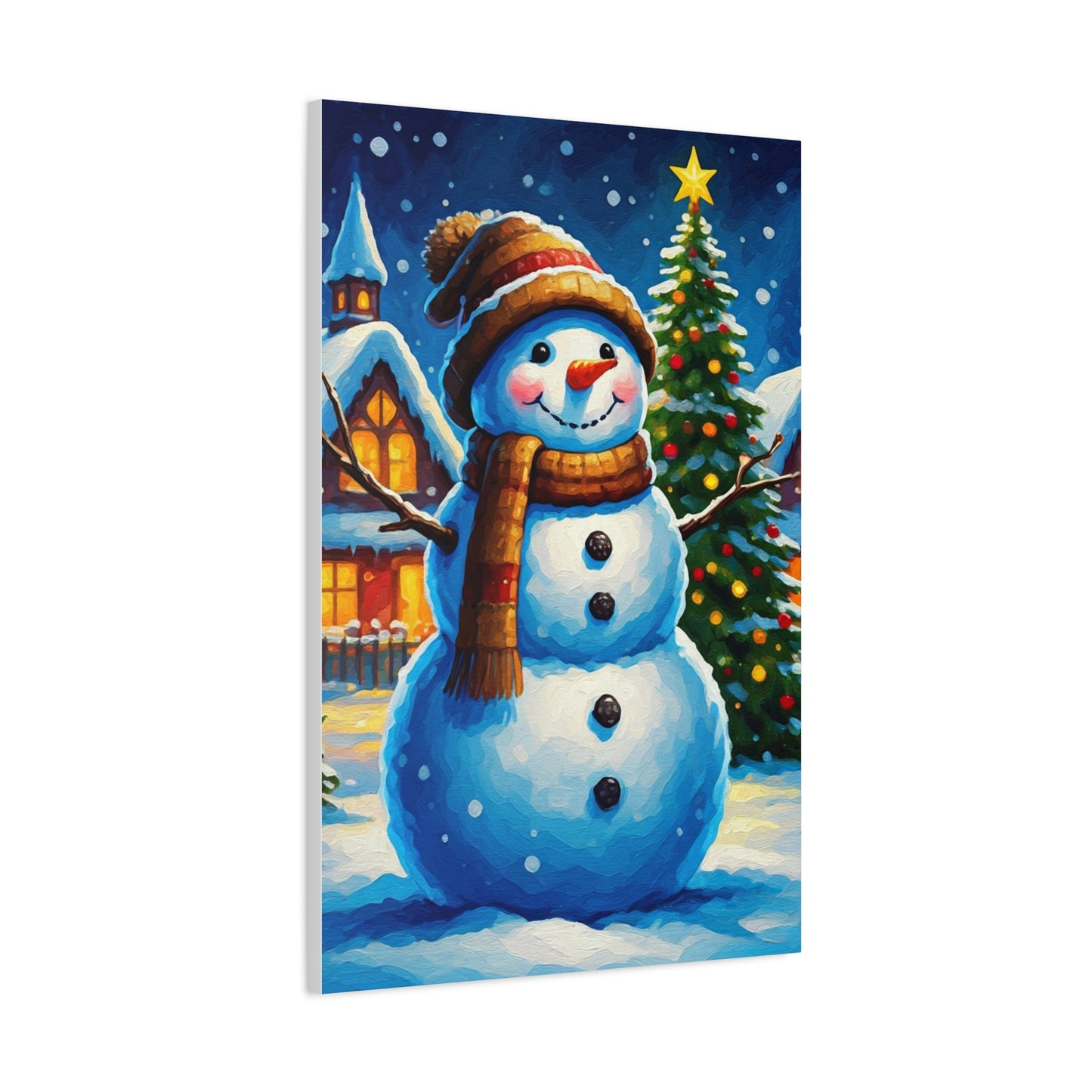Artistic Snowman in Winter Village Scene Wall Art & Canvas Print