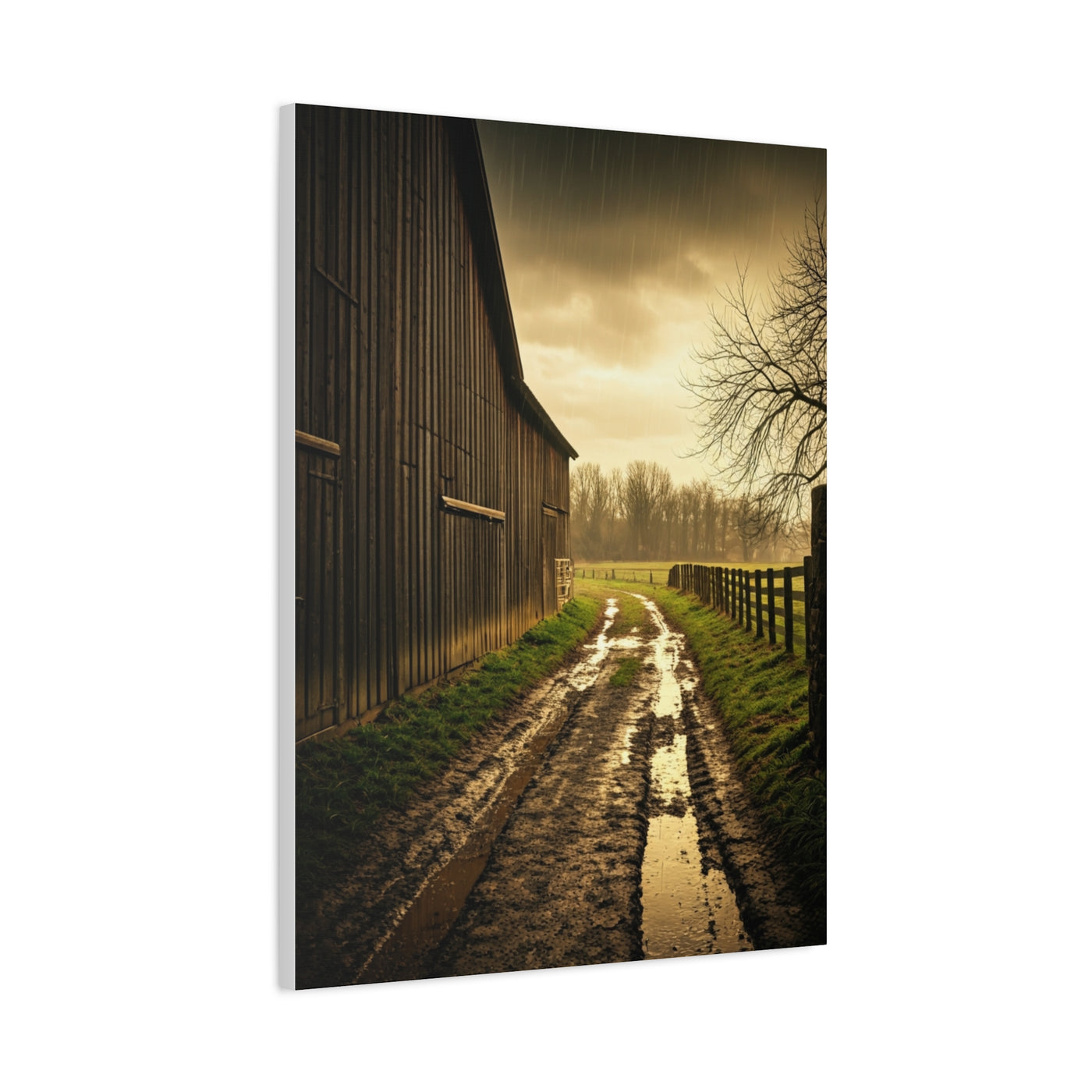 Rain-Soaked Farm Road Beside the Barn Wall Art & Canvas Prints