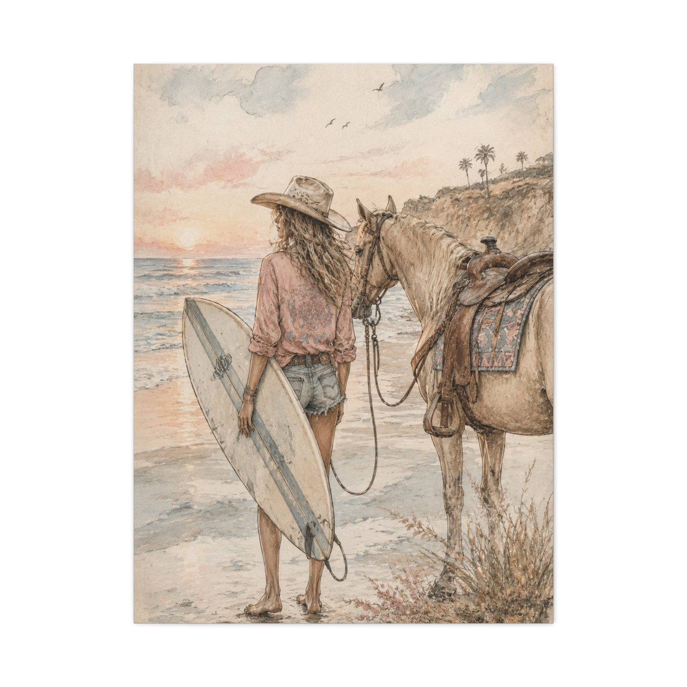 Surf Cowgirl Beach Horizon Scene Wall Art & Canvas Print