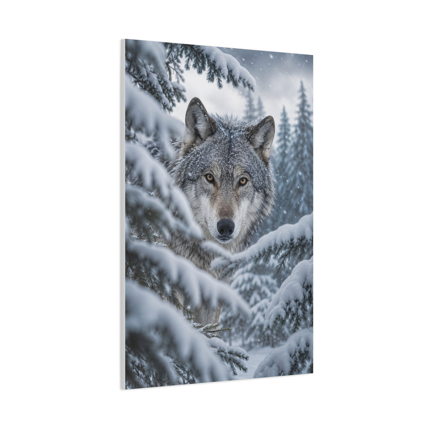 Snow-Covered Pine Wolf Close Portrait Wall Art & Canvas Print