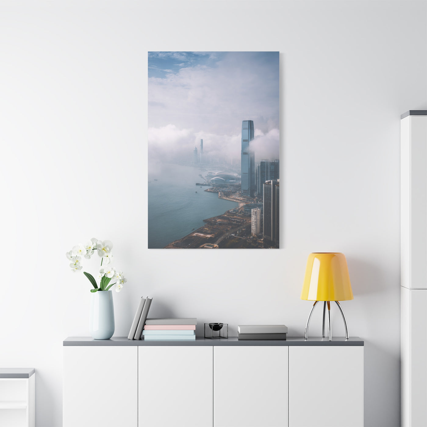 Hong Kong Foggy Harbor Skyline Wall Art & Canvas Print