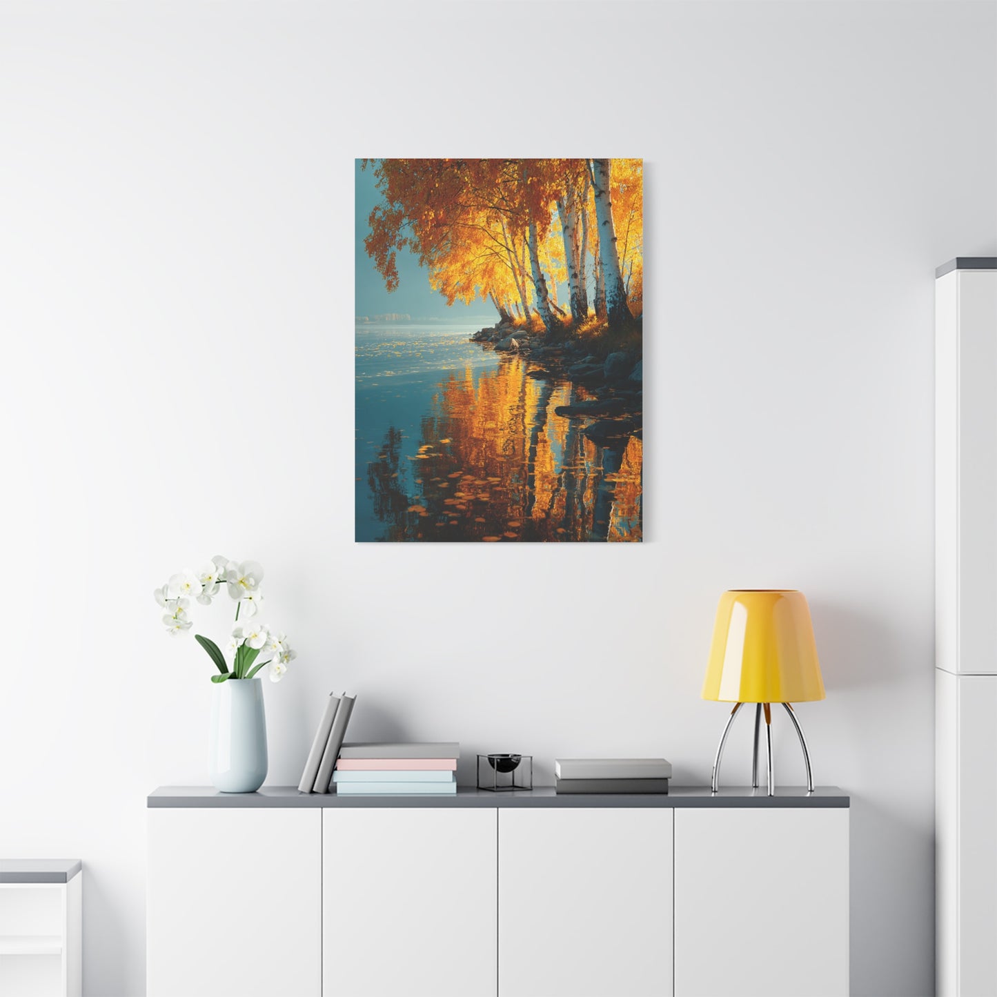 Golden Birch Autumn Lake Reflection Wall Art & Canvas Print