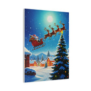 Santa Sleigh Flying Over Snowy Christmas Village Wall Art & Canvas Print