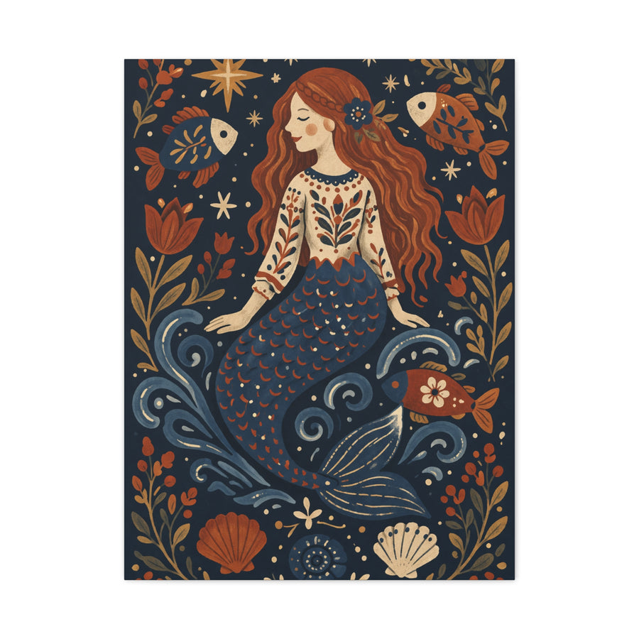 Scandinavian Folk Mermaid Charm Wall Art & Canvas Print
