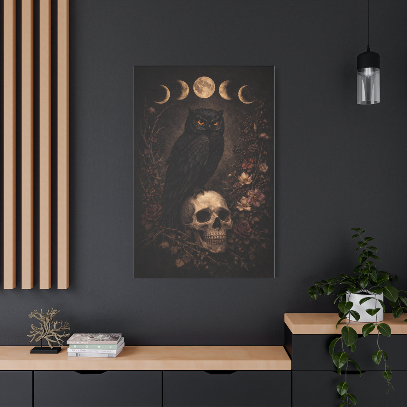 Gothic Moon Phase Owl Skull Wall Art & Canvas Print