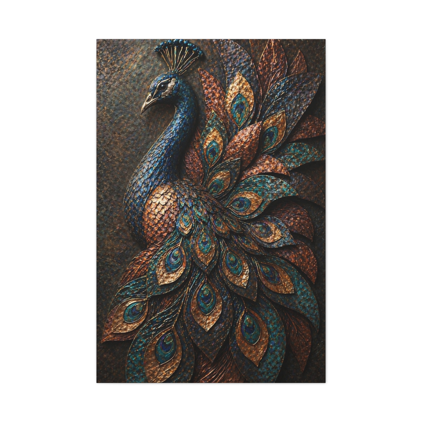 Sculptural Metal Peacock Relief Wall Art & Canvas Print