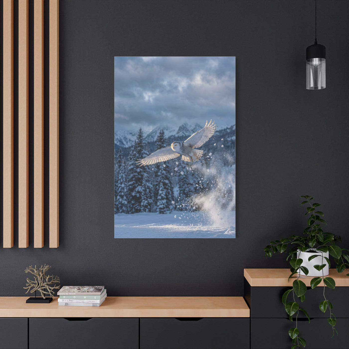 Snowy Owl Mountain Flight Wall Art & Canvas Print