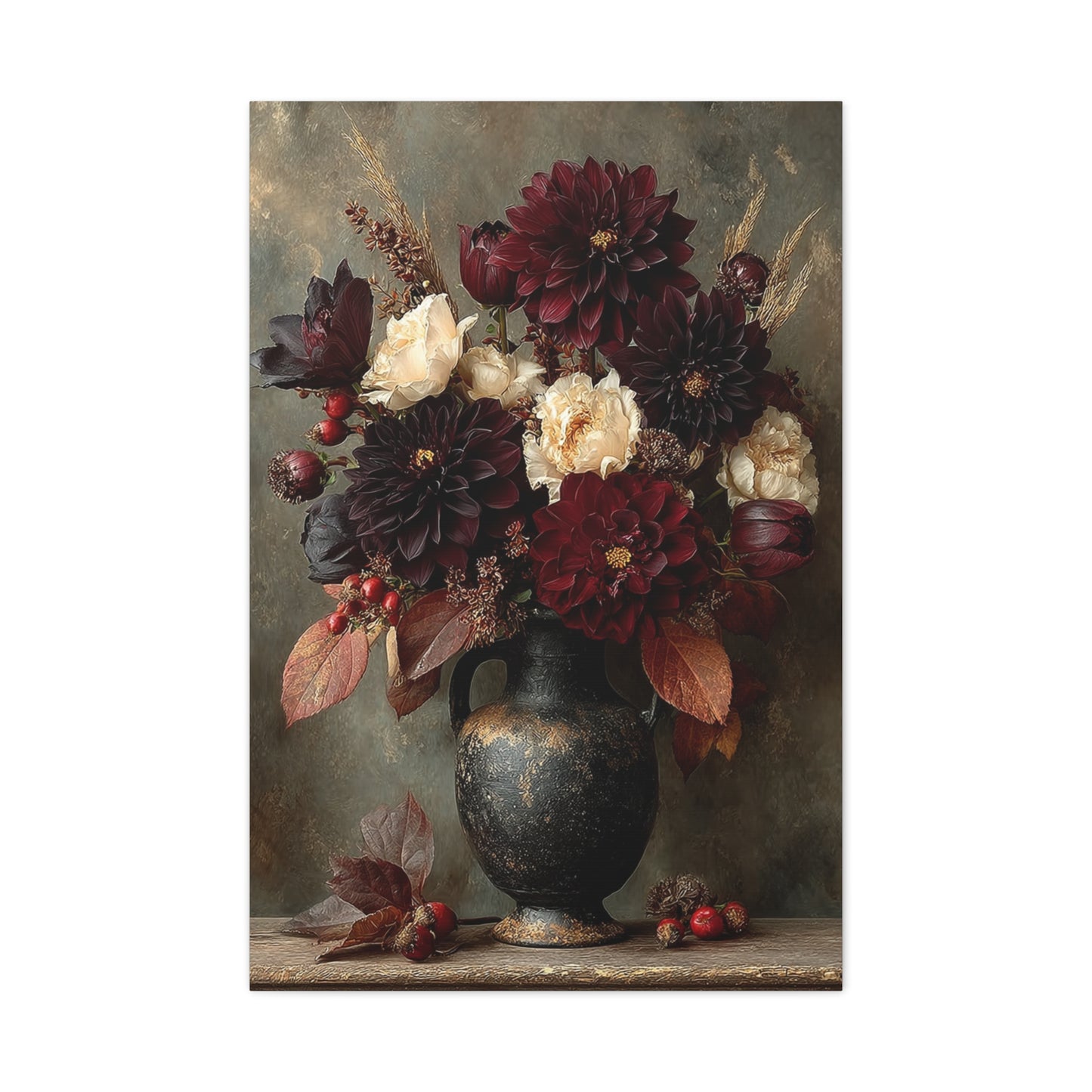 Burgundy Dahlia Autumn Floral Still Life Wall Art & Canvas Print