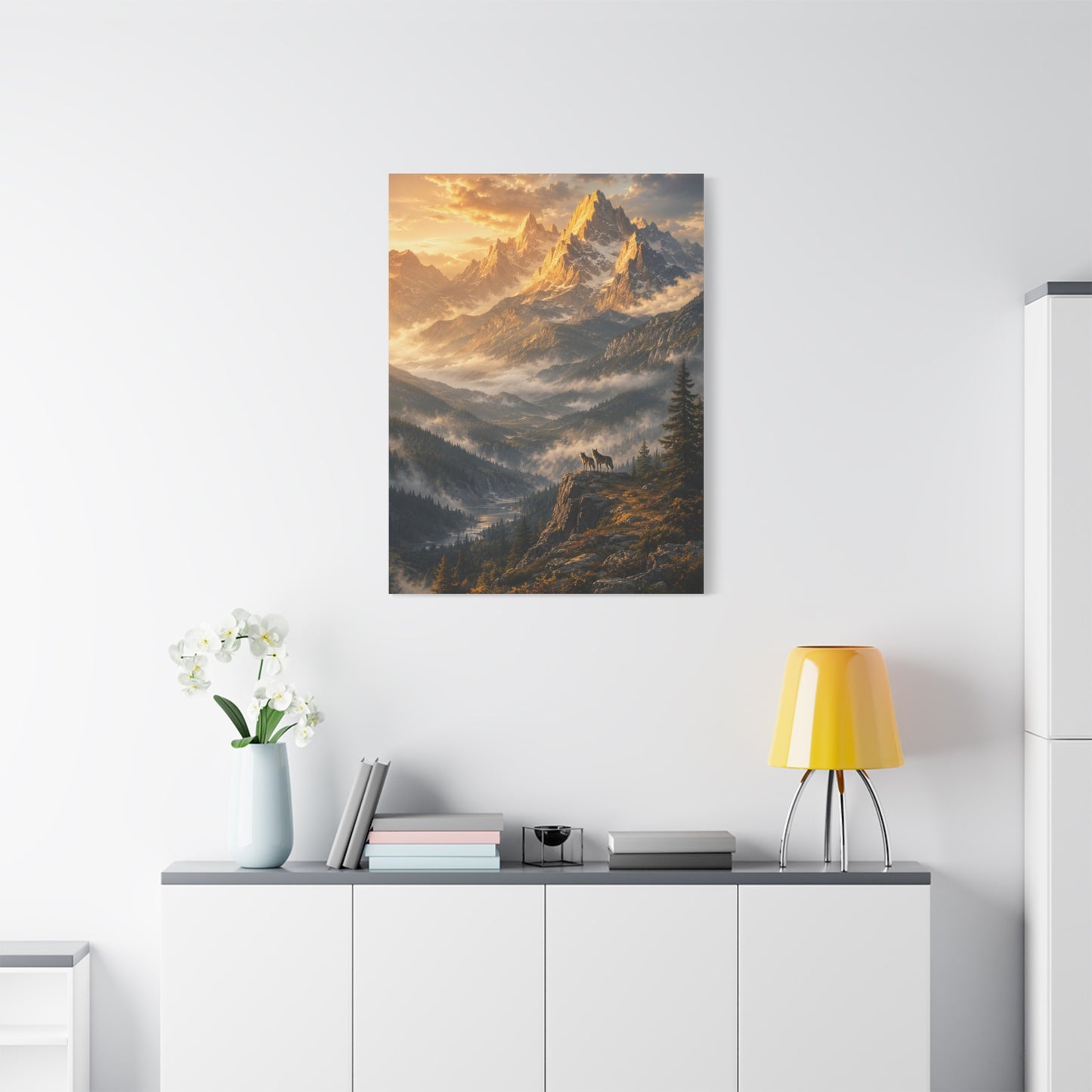 Golden Mountain Valley Wolf Pair Landscape Wall Art & Canvas Print