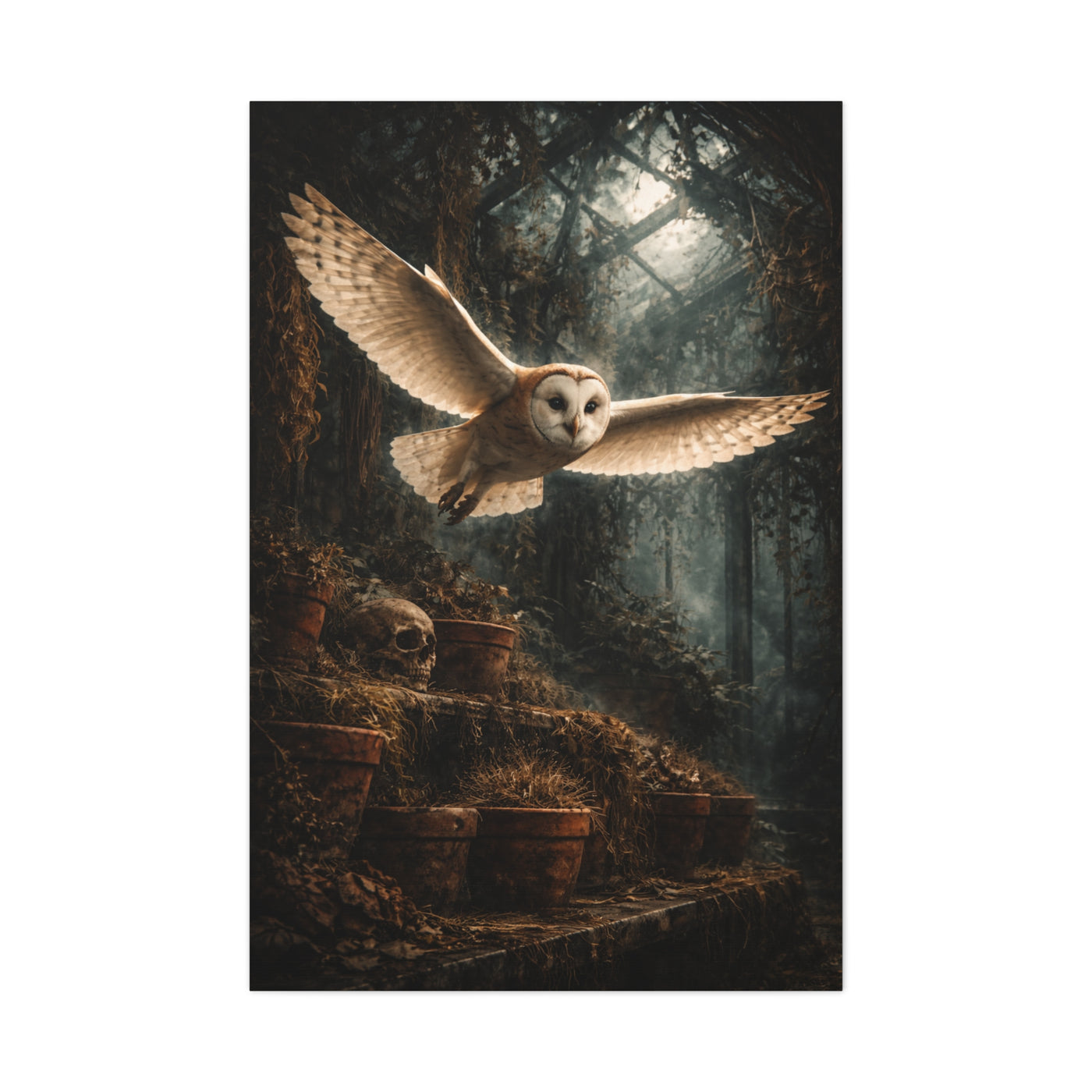 Gothic Greenhouse Flying Barn Owl Wall Art & Canvas Print